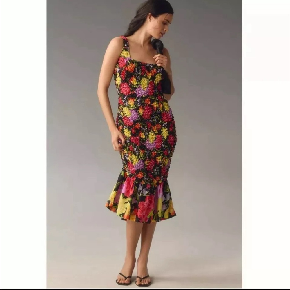 Anthropologie Yukiko Noritake Black Floral Square-Neck Pebble-Smocked Dress S/M